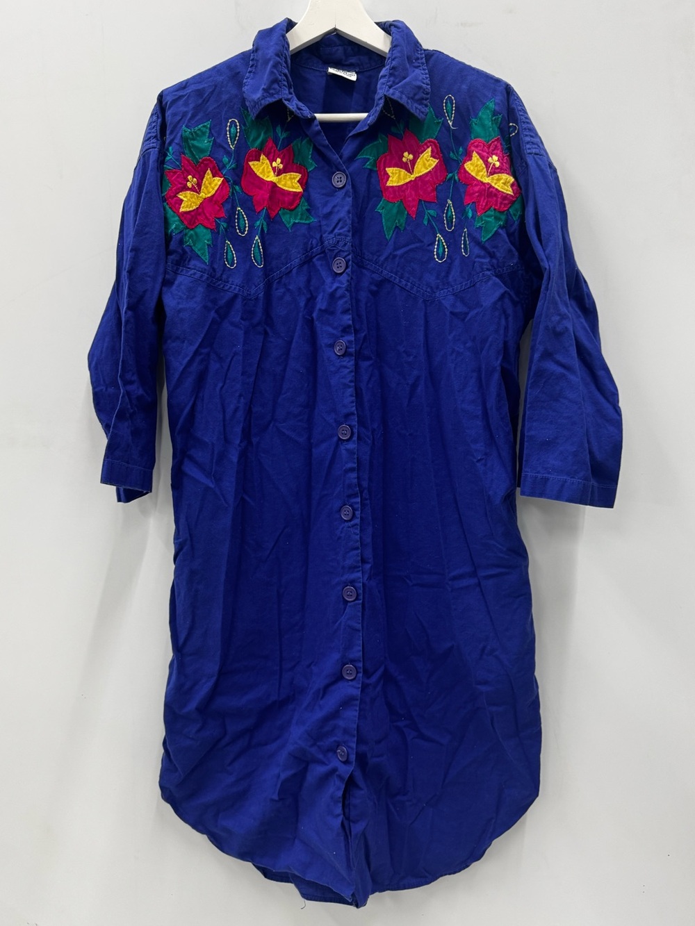 Vintage La Javabe Royal Blue Embroidered Appliqué Button-Front Tunic Shirt Dress